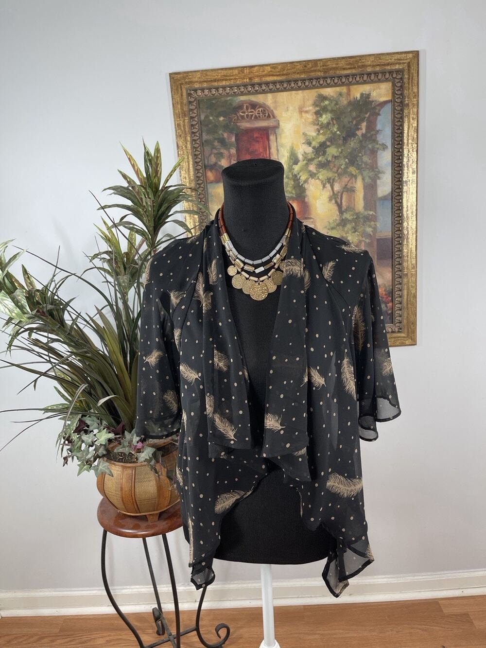 Forever 21 Sheer Kimono Cardigan Black Feather Polka Dot‎ Size Small Boho Fairy